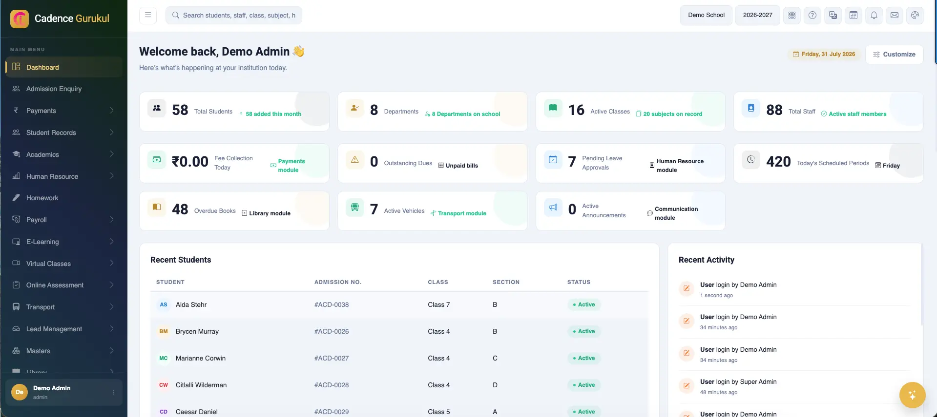 Cadence Gurukul Dashboard — admin overview with students, modules, and analytics